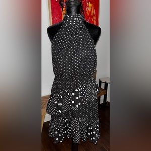 Betsy Johnson tier dk navy polka dot halter above knee dress elastic waist.